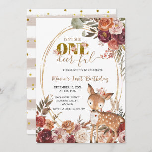Convite Marsala Floral One Deer Ful Girl Primeiro Aniversá