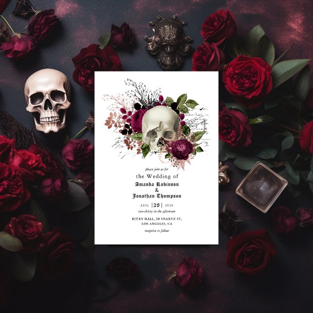Convite Marsala Floral Skull Halloween Casamento Gótico (Criador carregado)