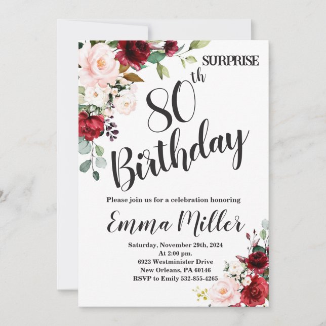 Convite Marsala Floral Surprise 80 Birthday (Frente)