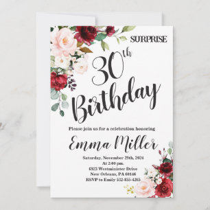 Convite Marsala Floral Surprise aniversário de 30 anos
