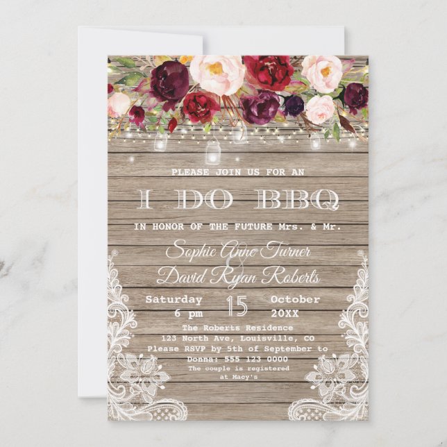 Convite Marsala Floral Wood Mason Jar Luzes Eu Faço CHURRA (Frente)