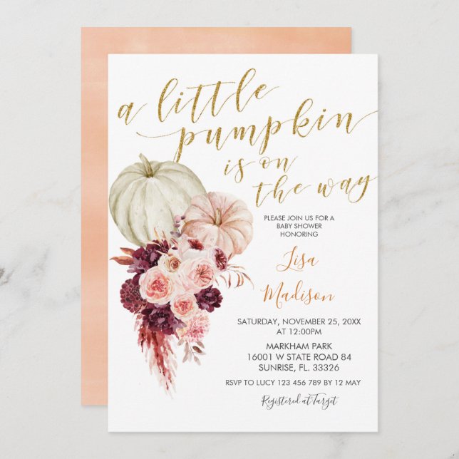 Convite Marsala Little Pumpkin está a caminho  (Frente/Verso)