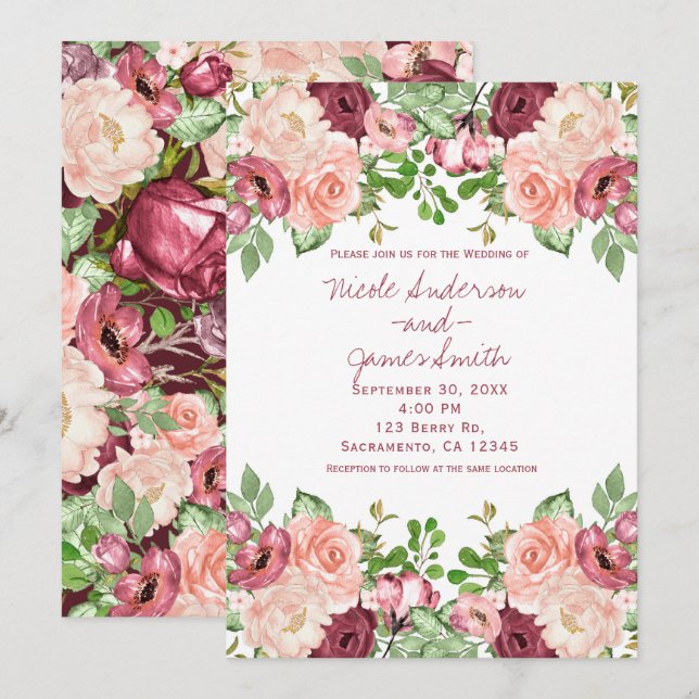 Convite Marsala Marrom Borgonha Rústico Floral Casamento (Frente/Verso)