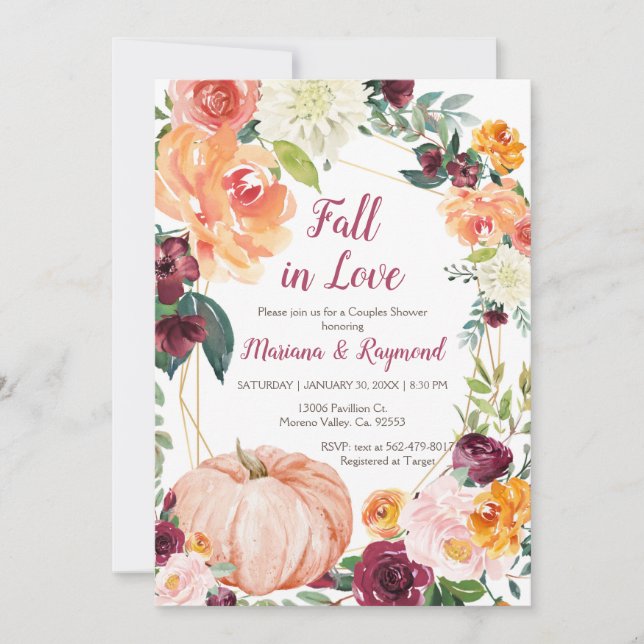 Convite Marsala Orange Pumpkin Cai Em Casais De Amor Chá (Frente)