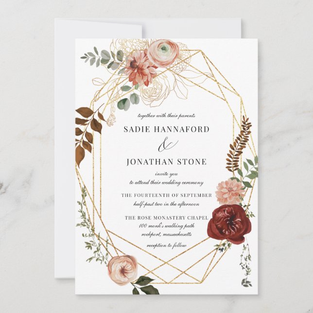 Convite Marsala Pink Terracotta Casamento Geométrico Flora (Frente)