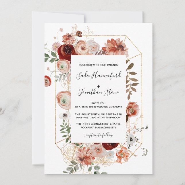 Convite Marsala Pink Terracotta Casamento Geométrico Flora (Frente)