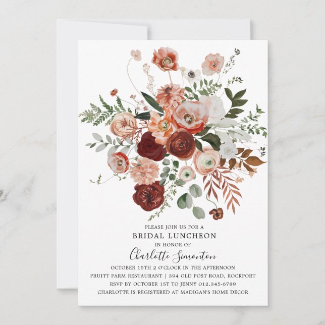 Convite Marsala Pink Terracotta Floral Bridal Luncheon (Frente)