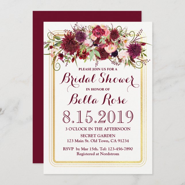 Convite Marsala Red Burgundy Dourado Chá de panela Invite (Frente/Verso)