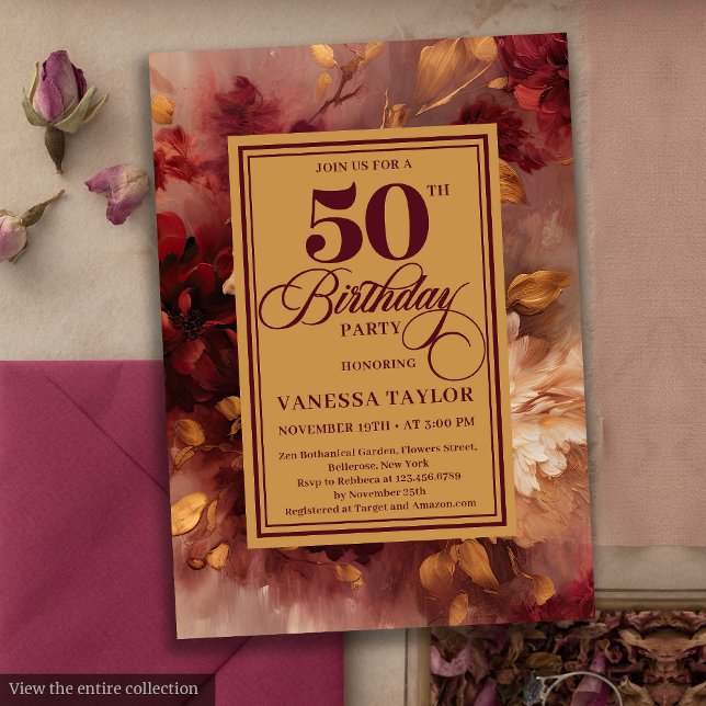 Convite Marsala romântica esfrega ouro floral 50 anos (Romantic marsala blush gold floral 50th birthday card

)
