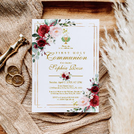 Convite Marsala Rosa e Dourado Chalice Primeira Comunhão S