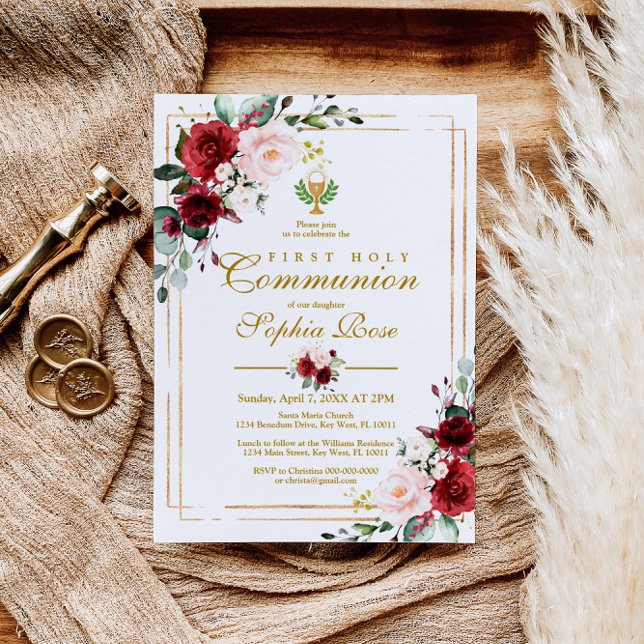 Convite Marsala Rosa e Dourado Chalice Primeira Comunhão S (Criador carregado)