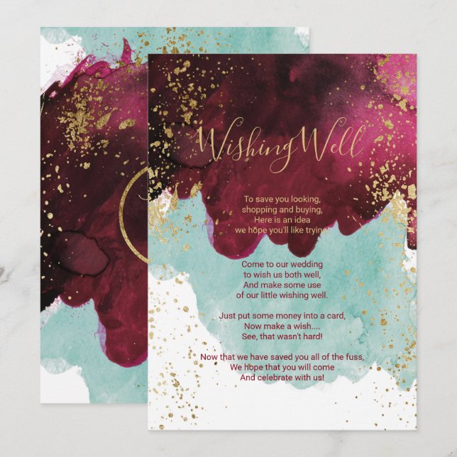 Convite Marsala Vermelho Teal Aquarela Dourado Poço de Des (Frente/Verso)