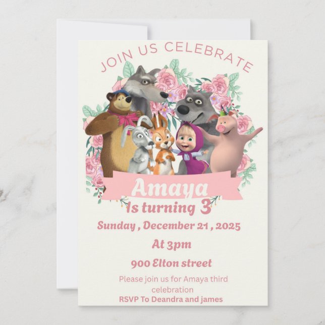 Convite Marsha & Bear birthday invitation theme (Frente)