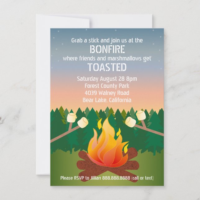 Convite Marshmallow Toast Bonfire Party (Frente)