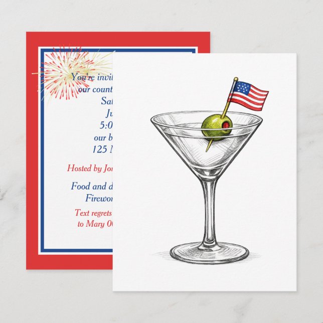 Convite Martini de 4 de Julho com Bandeira Americana (Frente/Verso)