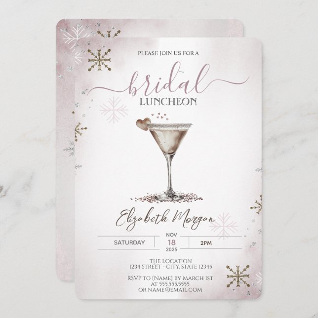 Convite Martini Heart Snowflakes Bridal Luncheon (Frente/Verso)