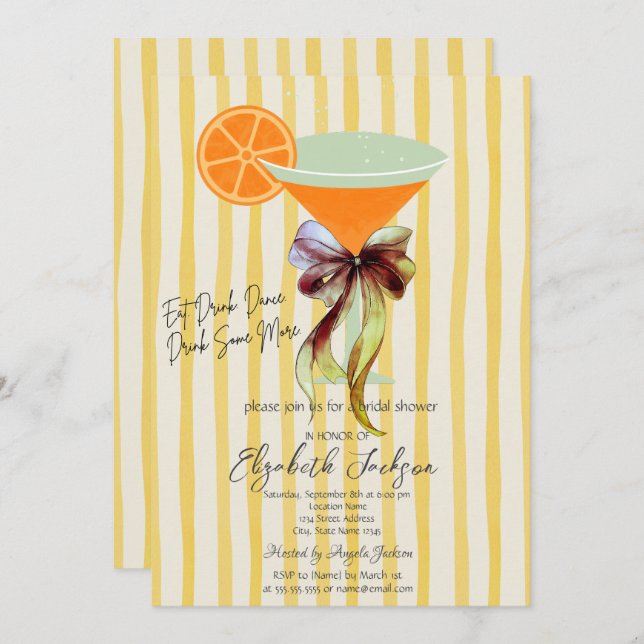 Convite Martini Yellow Stripes Bow Bridal Shower  (Frente/Verso)