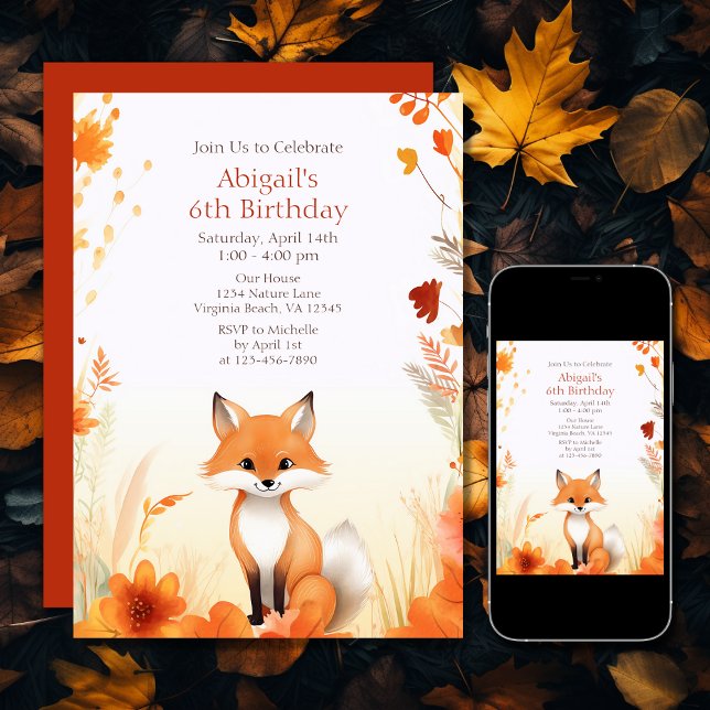 Convite Maruca do outono, Papoeira do outono, Aniversário (Printed and Digital - Cute Autumn Woodland Fox Fall Birthday Invitation)