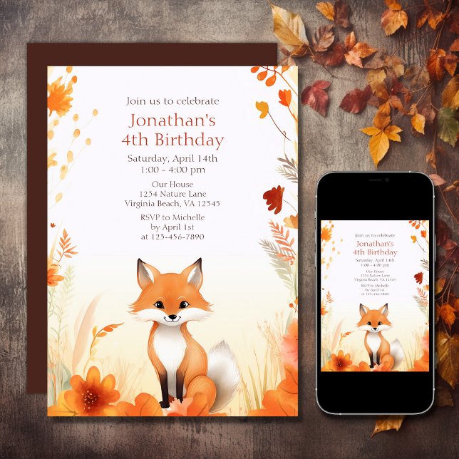 Convite Maruca do outono, Papoeira do outono, Aniversário (Printed and Digital - Cute Autumn Woodland Fox Fall Birthday Invitation)