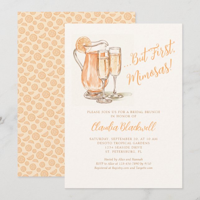 Convite Mas primeiro Chá de panela de Mimosas Brunch (Frente/Verso)