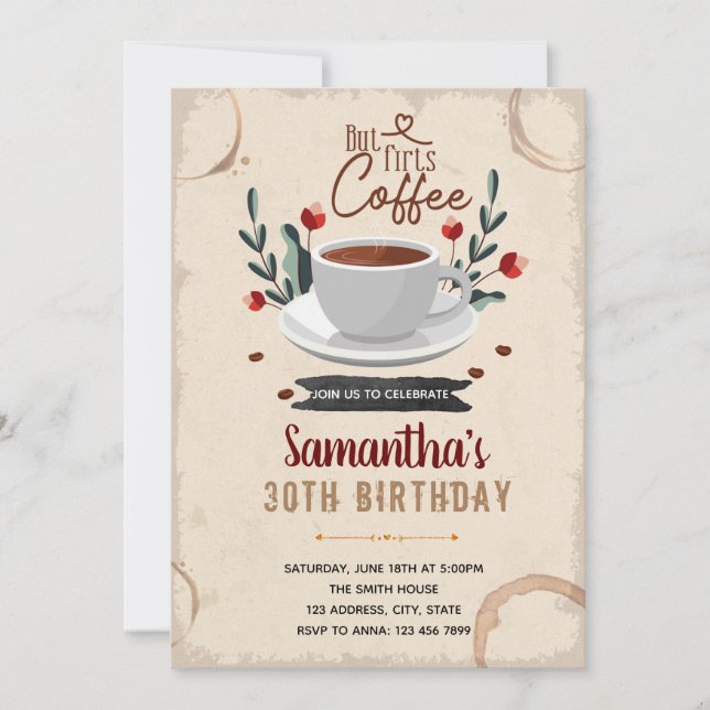 Convite Mas primeiro tema de aniversário de café (Frente)