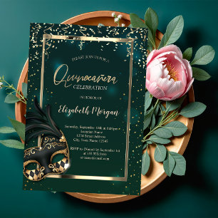 Convite Máscara,Armadura,Confetes Verde Quinceañera