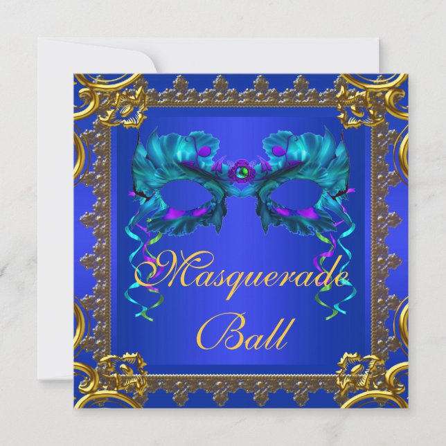 Convite Máscara Azul Cobalto Azul Marinho Dourado Baile de (Frente)