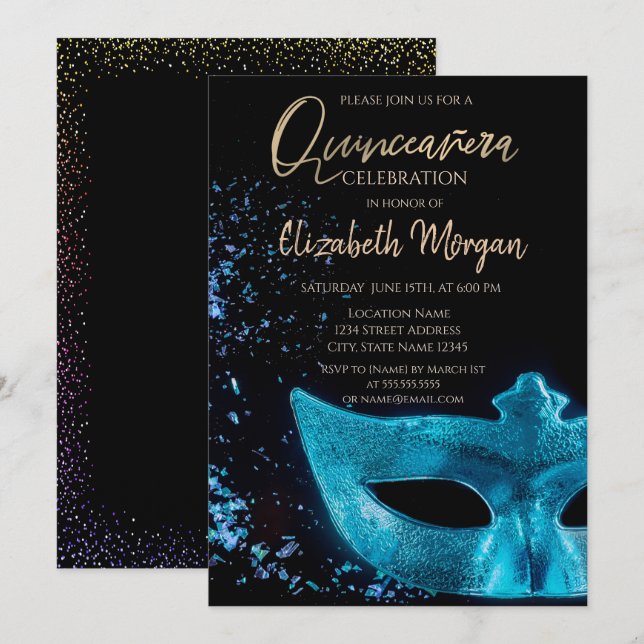 Convite Máscara Azul, Confetes Quinceañera  (Frente/Verso)