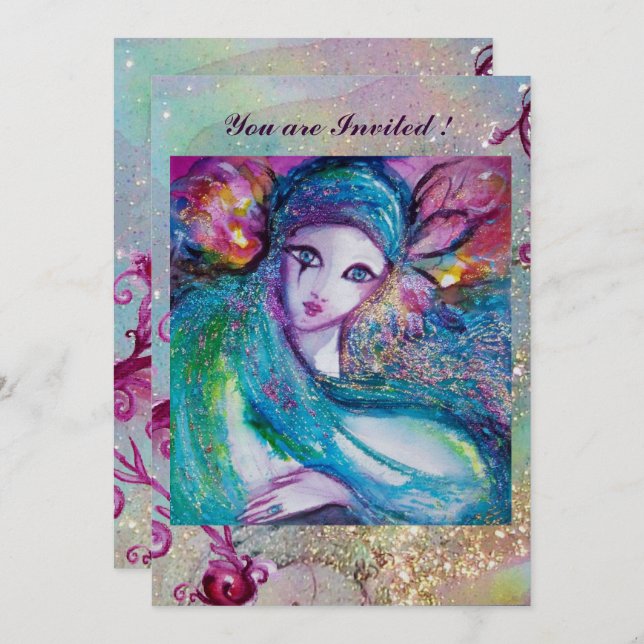 Convite MÁSCARA AZUL, cor-de-rosa-palha do partido Elegant (Frente/Verso)