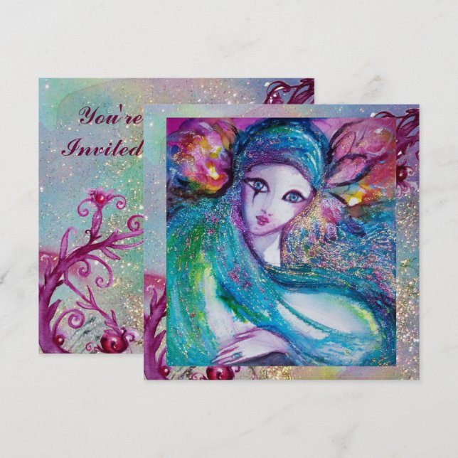 Convite MÁSCARA AZUL DAMA Elegante Máscara Festa de Casame (Frente/Verso)