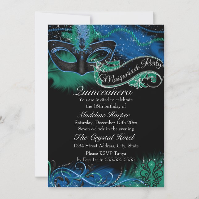 Convite Máscara Azul e Verde Sparkle Masquerade Quinceaner (Frente)
