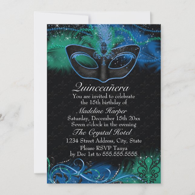 Convite Máscara Azul e Verde Sparkle Quinceanera Mascarada (Frente)