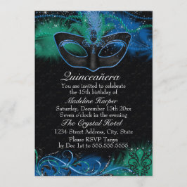 Convite Máscara Azul e Verde Sparkle Quinceanera Mascarada
