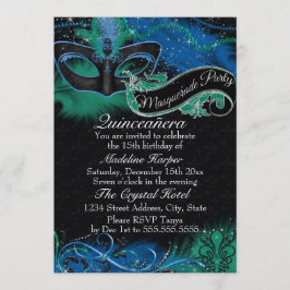 Convite Máscara Azul e Verde Sparkle Quinceanera Mascarada