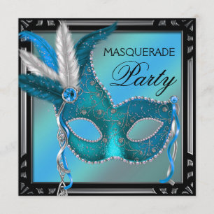 Convite Máscara Azul Teal Preto Festa de Mascarada