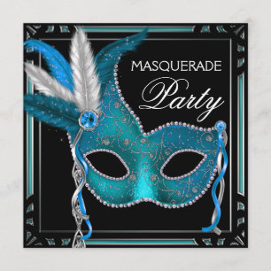 Convite Máscara Azul Teal Preto Festa de Mascarada