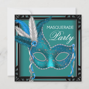 Convite Máscara Azul Teal Preto Festa de Mascarada