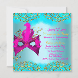 Convite Máscara Azul Turquesa Rosa Dourado Festa de Aniver