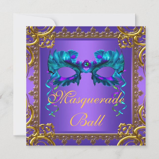 Convite Máscara Azul Turquesa Roxo Dourado Baile de Máscar (Frente)
