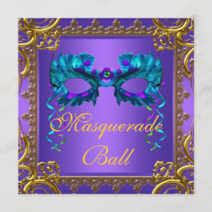 Convite Máscara Azul Turquesa Roxo Dourado Baile de Máscar