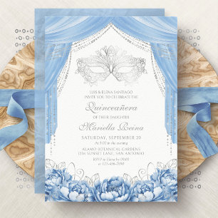 Convite Máscara Baile de Máscaras Azul Claro Quinceanera