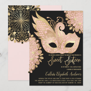 Convite Máscara bonito, cor-de-rosa, Mascarada preto, doce