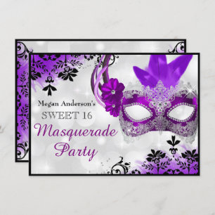 Convite Máscara bonito & Damask Purple Mascarada Sweet 16