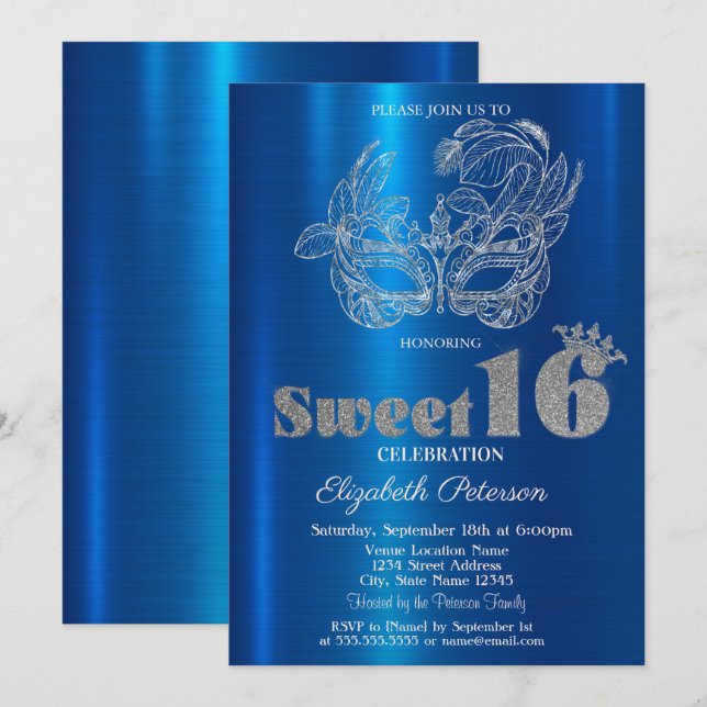 Convite Máscara Brilho Azul Metálico Sweet 16 (Frente/Verso)