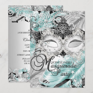 Convite Máscara Brilho Azul Teal Quinceanera Mascarada