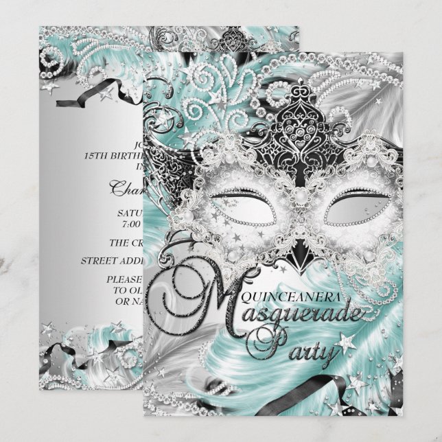 Convite Máscara Brilho Azul Teal Quinceanera Mascarada (Frente/Verso)