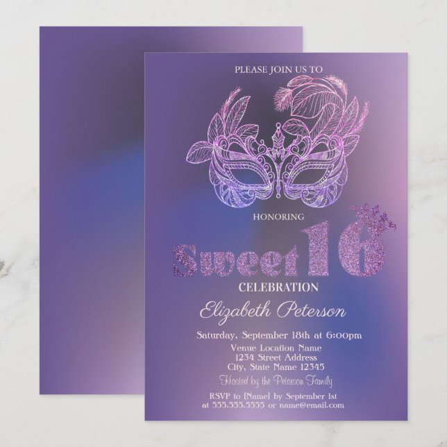 Convite Máscara Brilho Violeta  Sweet 16 (Frente/Verso)