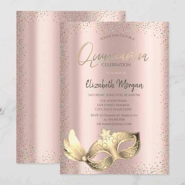 Convite Máscara Chic, Confete Dourado Rosa Quinceañera (Frente/Verso)