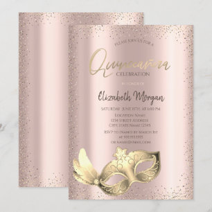 Convite Máscara Chic, Confete Dourado Rosa Quinceañera
