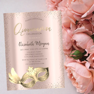 Convite Máscara Chic, Confete Dourado Rosa Quinceañera